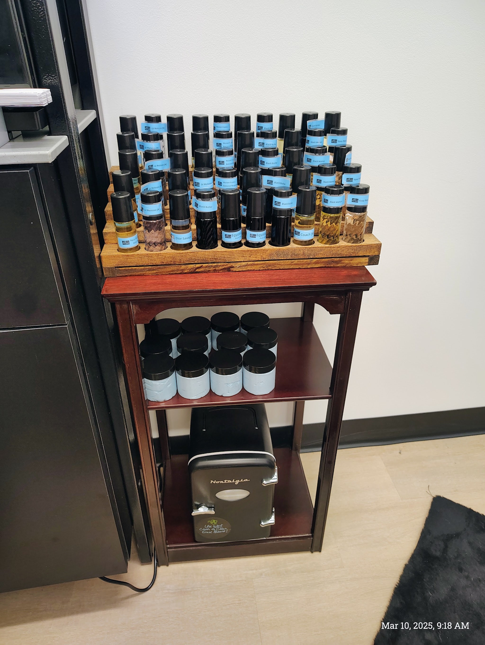 Shelves of small bottles of oils and blends